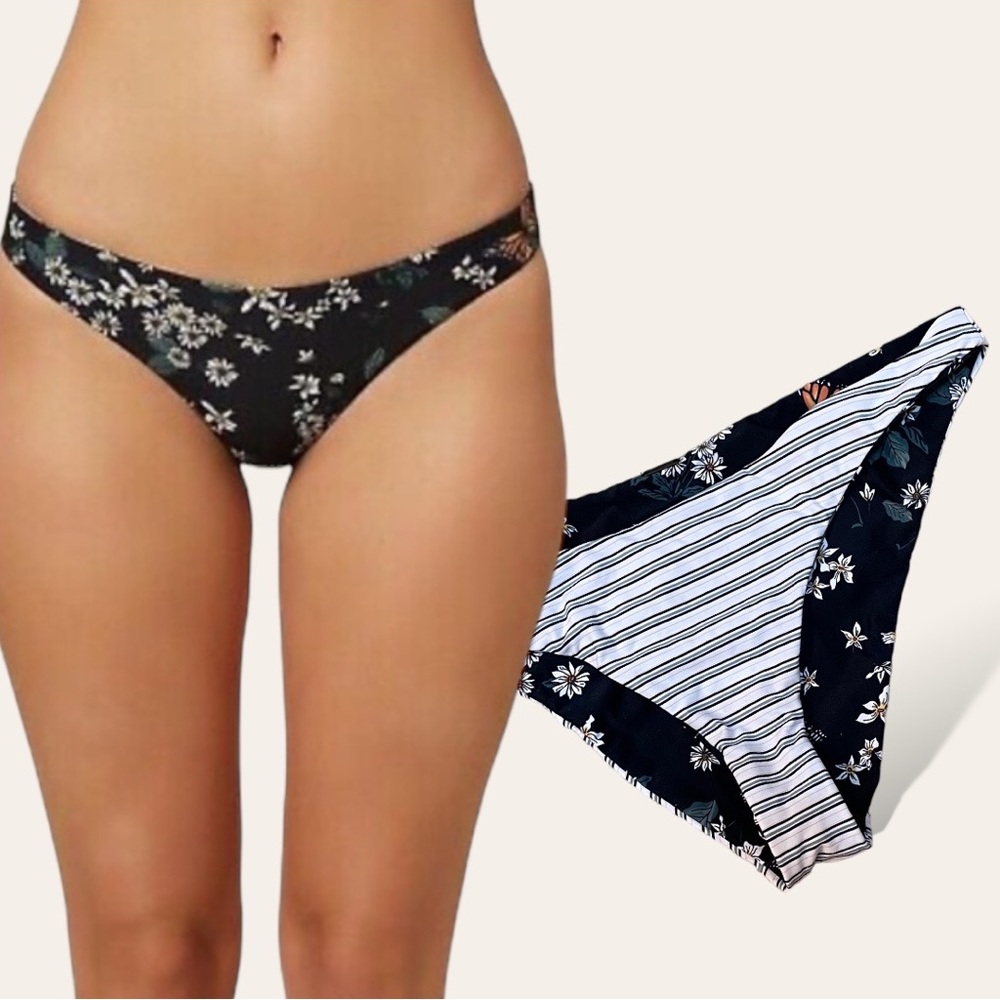 O'Neill Raven Reversible Floral to Horizontal Stripe Classic Bikini Bottoms